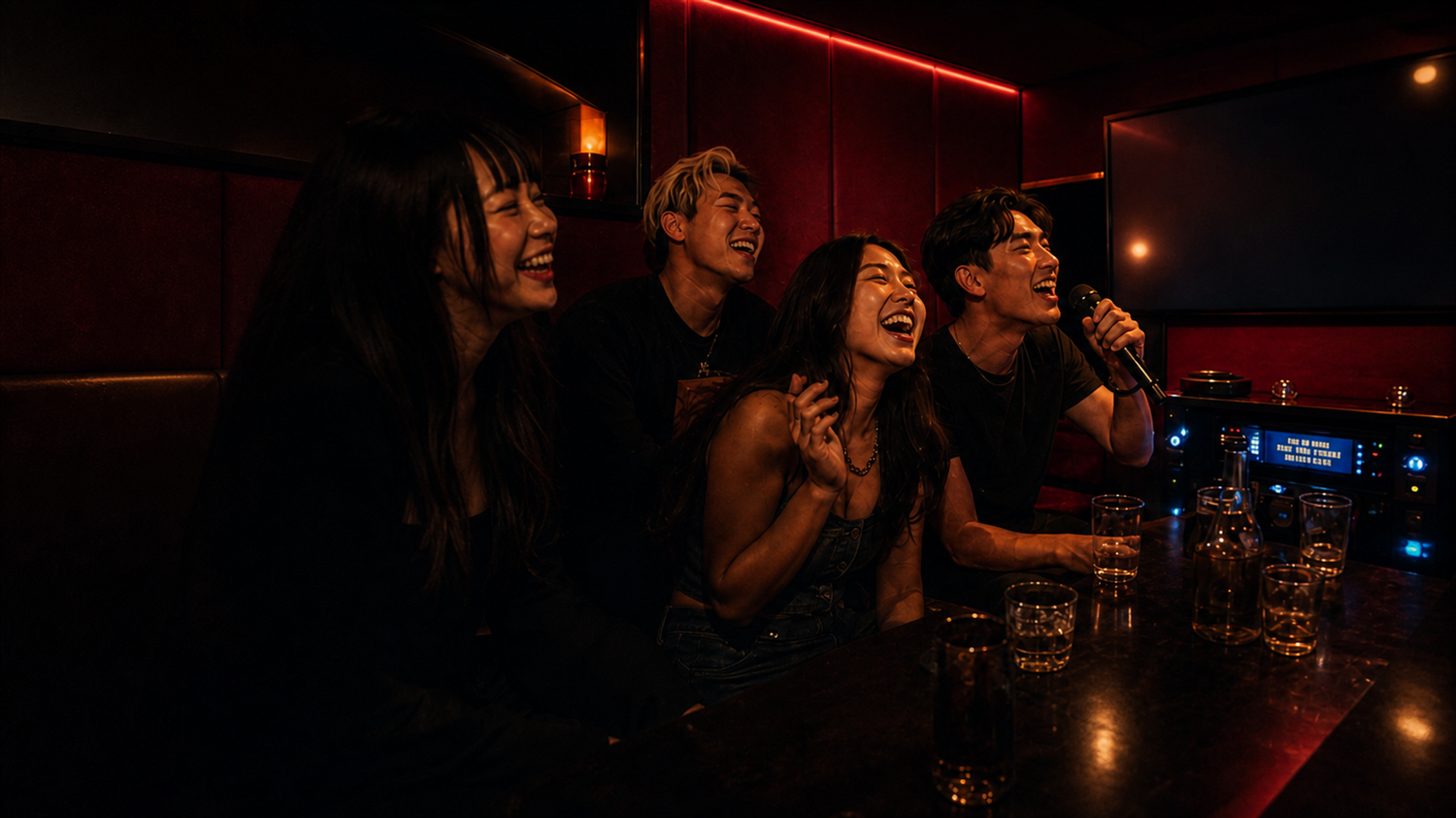 Four friends laughing and singing in a red-lit private karaoke room at Bibi