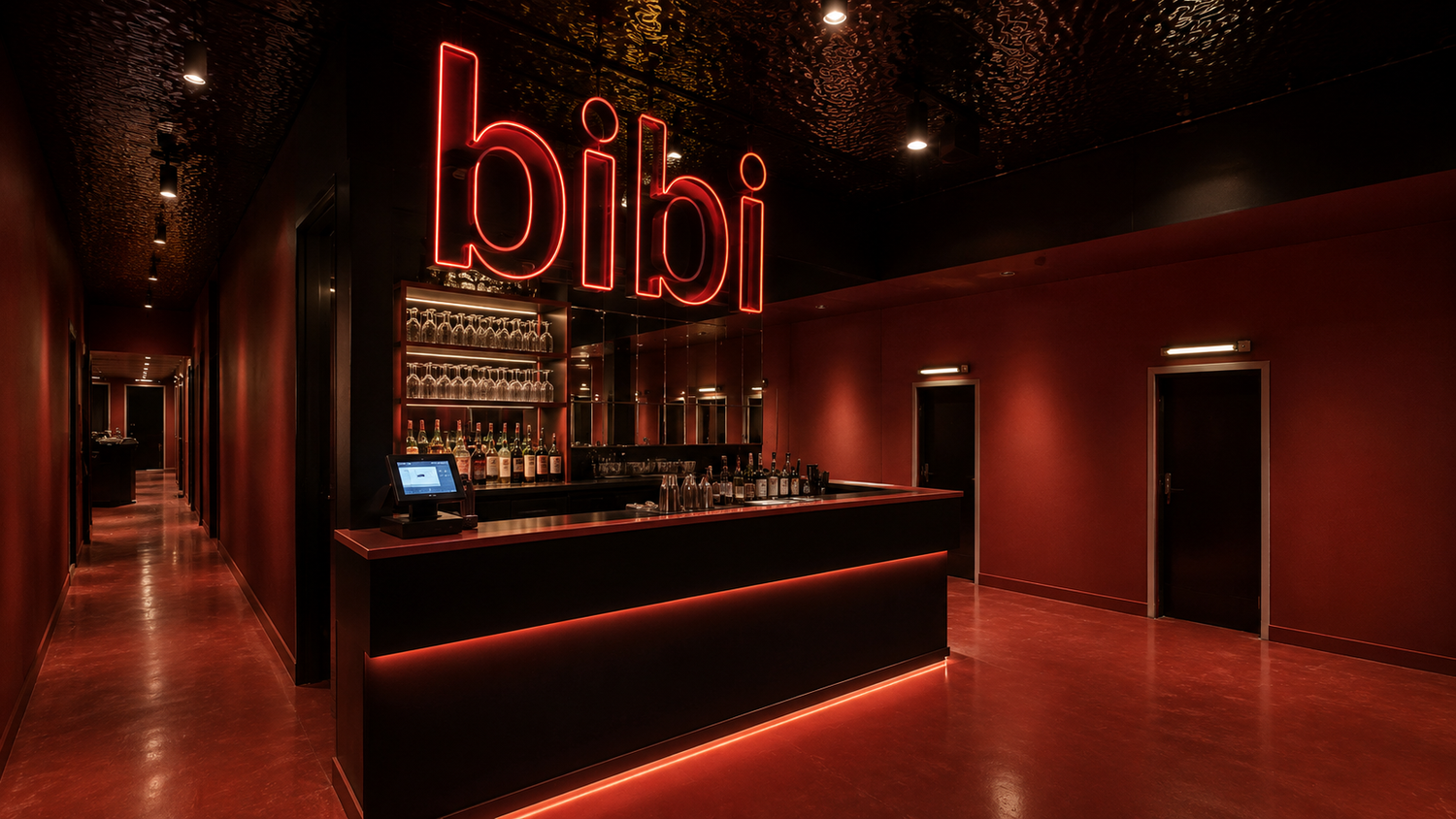 The Bibi bar glowing in red neon
