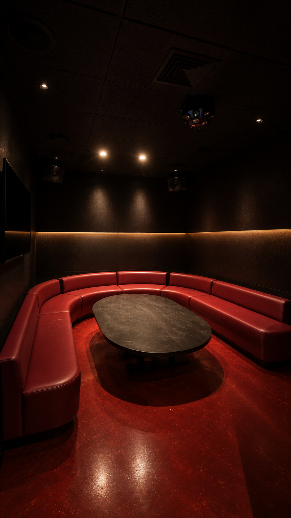 A curved booth in a dim private room
